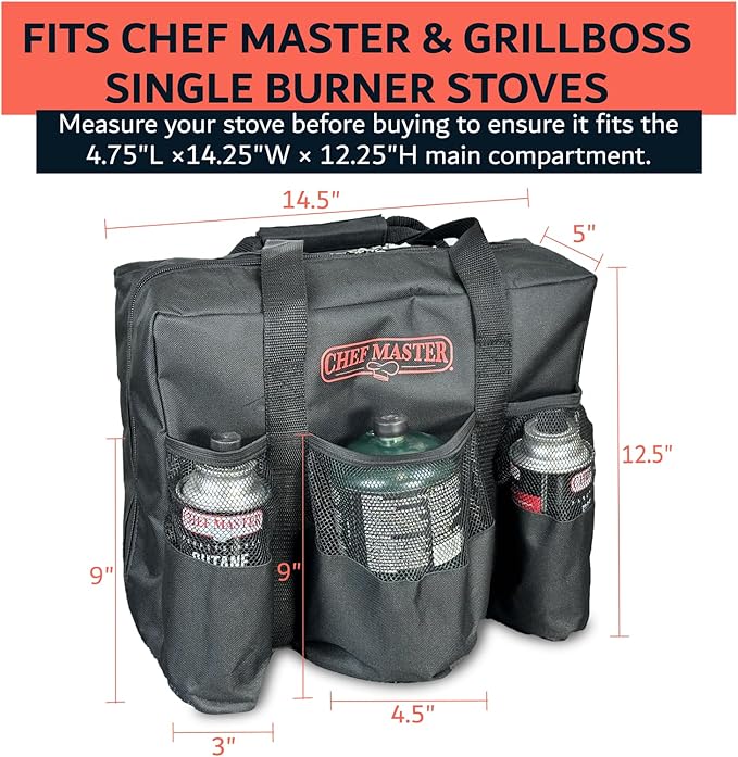 Chef Master Carrying Bag for Camp Stove & Butane Fuel Canister, Travel Camping Bag for Tin Cans, Compatible for Most Portable Camp Stoves & Dual Fuel Stove for Outdoor Trip, Camping Essential 90080