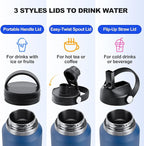 HYDROWION Stainless Steel Water Bottle, 32oz Wide Mouth Double Wall Vacuum Insulated Water Bottle with Straw Lid, Spout Lid and Flex Cap, Leakproof,Fit in Any Car Cup Holder, Mint&Pink&Purple