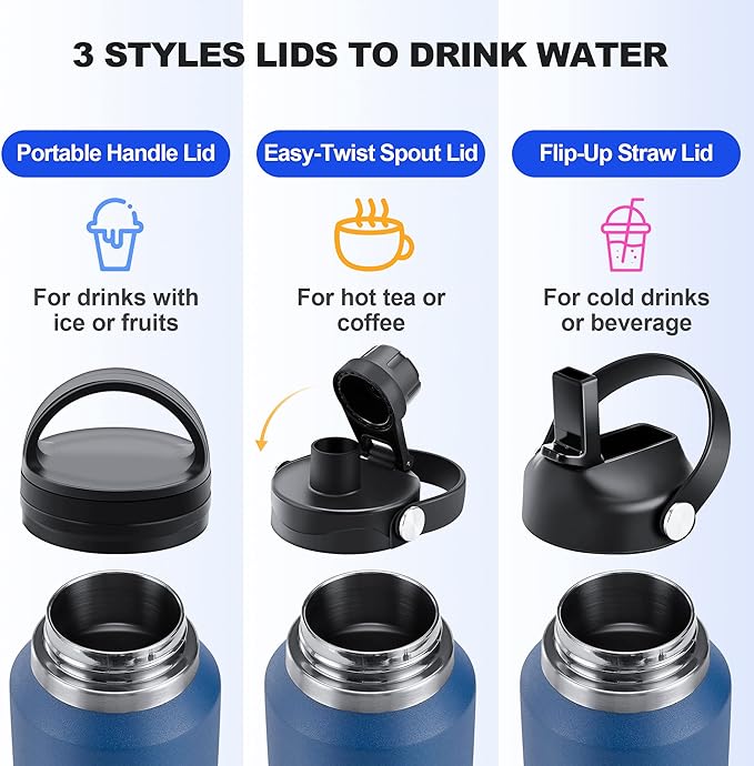HYDROWION 32oz Stainless Steel Water Bottle(Cold for 48 Hrs, Hot for 24 Hrs), Double Wall Vacuum Insulated Water Bottle with Straw Lid, Spout Lid and Flex Cap, Fit in Any Car Cup Holder, Mint