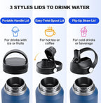 HYDROWION Stainless Steel Water Bottle, 32oz Wide Mouth Double Wall Vacuum Insulated Water Bottle with Straw Lid, Spout Lid and Flex Cap, Leakproof,Fit in Any Car Cup Holder, Red&Yellow&Blue