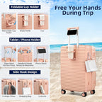 Hard Shell Suitcases 24 Inch Check in Luggage with Spinner Wheels Cup Holder, Lightweight Top Opening Expandable Luggage Hard Case Rolling Medium Checked Suitcase with Lock, Pink