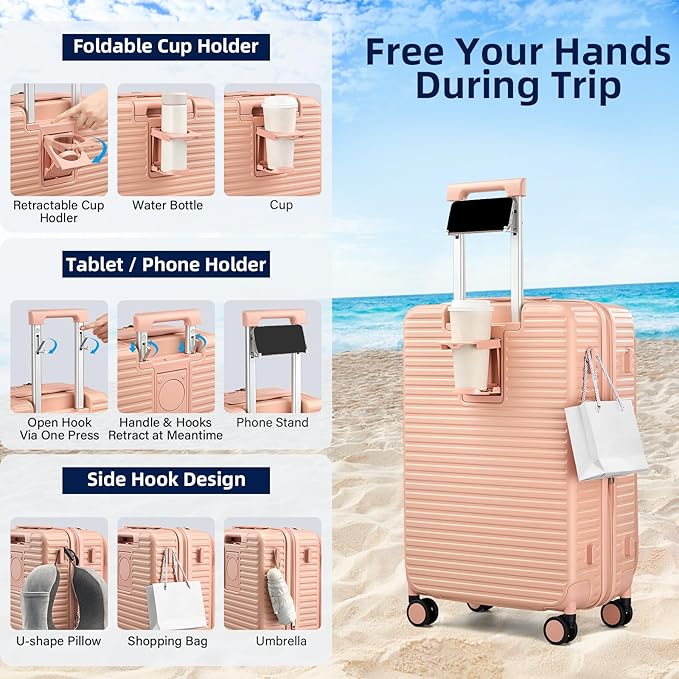 Hard Shell Suitcases 24 Inch Check in Luggage with Spinner Wheels Cup Holder, Lightweight Top Opening Expandable Luggage Hard Case Rolling Medium Checked Suitcase with Lock, Pink