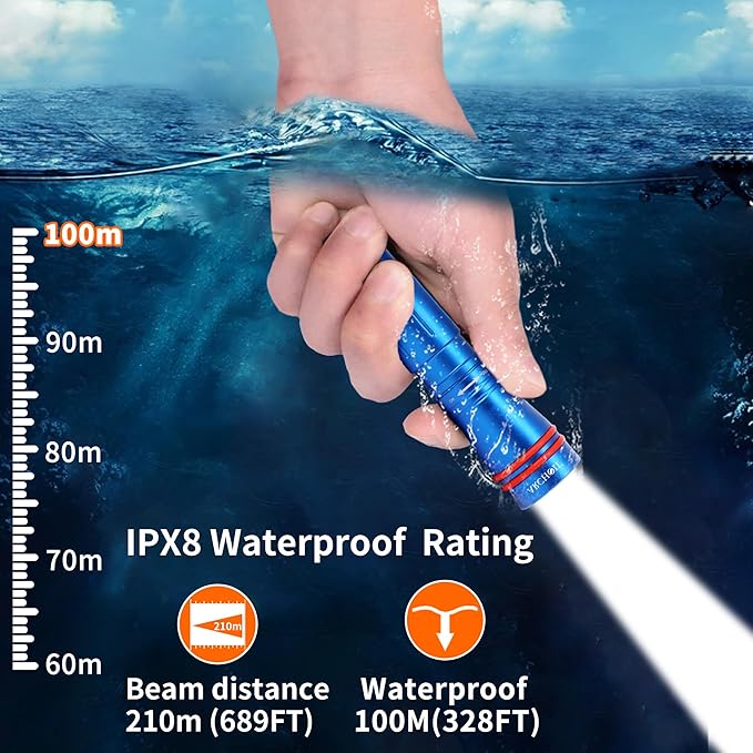 ARCHON D2A Small Diving Flashlight, Dive Headlamp Waterproof Flashlight Blue Backup Light with Stainless Steel 316 Face Mask Clip for Underwater Lighting