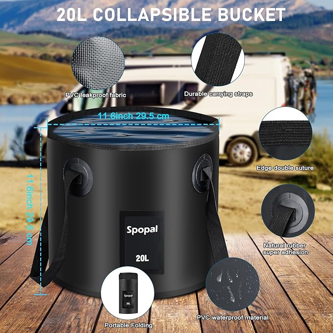 Portable Shower for Camping, Rechargeable Camping Shower with Collapsible Bucket with Handle 20L Intelligent LED Display, 4 Spray Modes, Outdoor Shower Kit for Hiking, Travel, Car, Pet 【Black】