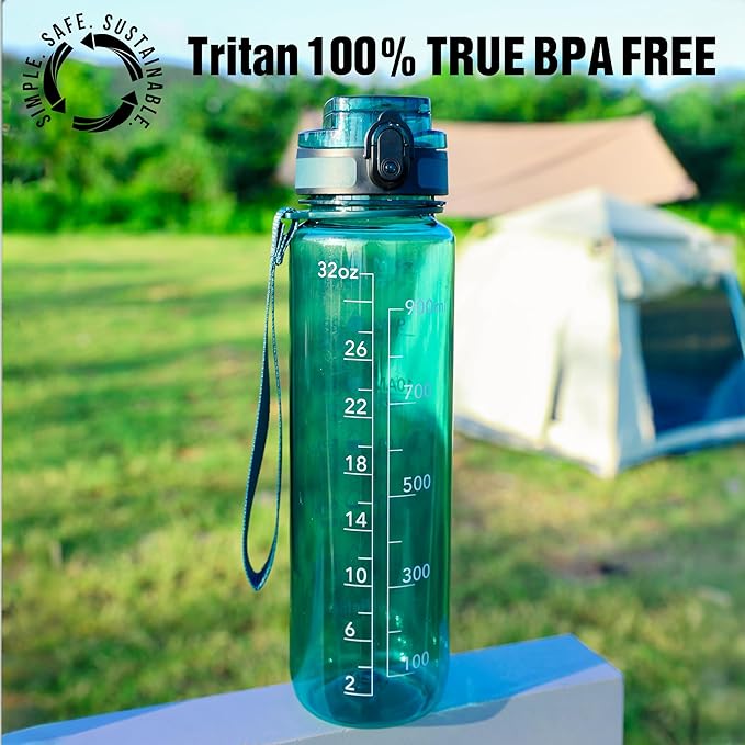 OLDLEY Water Bottle, 32oz Motivational Sports Water Bottle with Time Marker - Times to Drink - Tritan, BPA Free, Wide Mouth Leakproof, Deep Sea (1 Bottle)