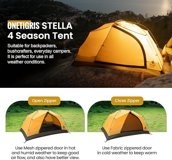 OneTigris Stella 4 Season Camping Tent Backpacking 2 Person Waterproof Lightweight Easy Setup Instant 3000mm Waterproof Rating Outdoor Hiking Tent