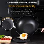 Carbon Steel Wok -13 Inch Woks & Stir-fry Pans Nonstick, Wok Pan with Lid Spatula and Dish Brush: Pre-Seasoned Flat Bottom Chinese Woks for Induction, Electric, Gas, All Stoves