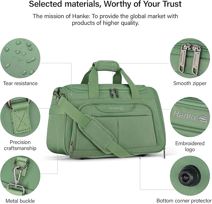 Hanke Small Travel Duffel Bag, Under Seat Carry On Personal Item Bag with 11 Pockets, Lightweight Water Resistant Foldable Weekender Bag with Trolley Sleeve for Travel Gym Daily Use（Forest Green）