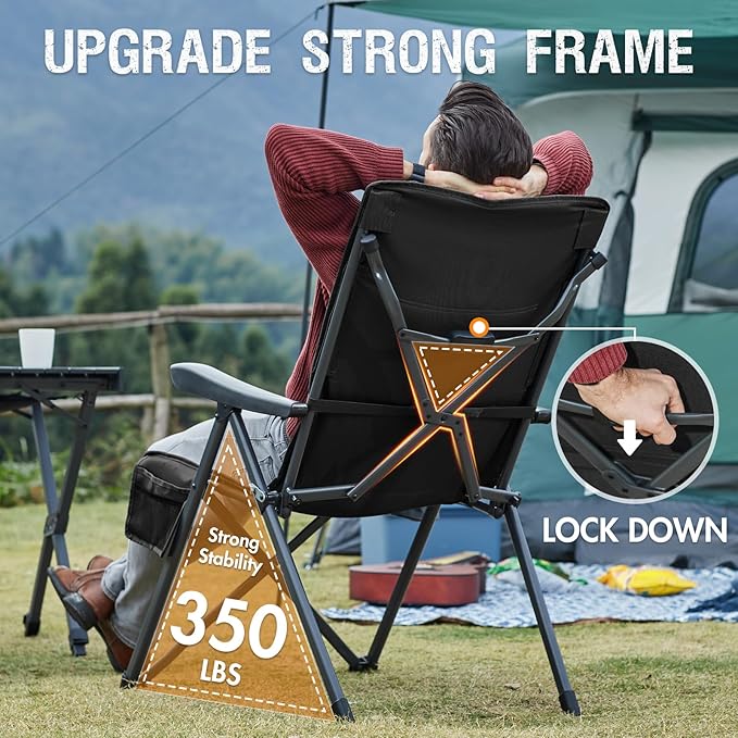 Portal Reclining Camping Chair with Adjustable Back Folding Camp Recliner for Adults Portable High Back Oversized, 400LBS (Black)
