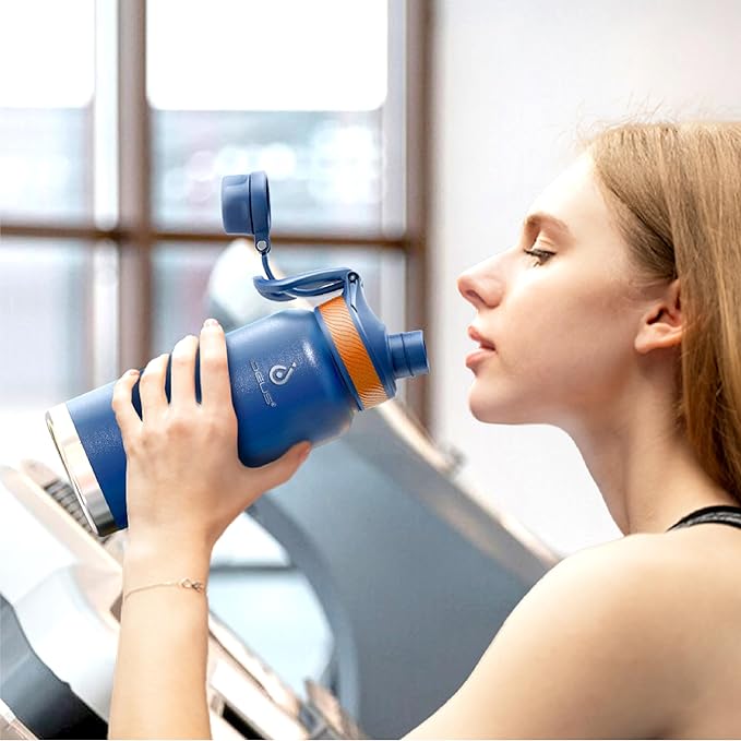 IDEUS Insulated Stainless Steel Water Bottle with 2 Leak-Proof Lids, Thermal Water Flask for Hiking Biking, 32oz, Bright Blue