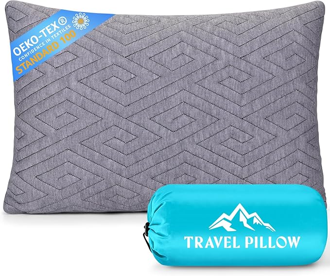 Travel Pillow for Sleeping Camping, Memory Foam Small Pillow with Breathable Cover for Backpacking, Airplane, Car (15.5 X 12 Inch)