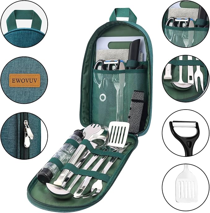 Camping Cooking Utensils Set- Camping Essentials Cookware Accessories Gear Must Haves Camper Tent Camp Kitchen Rv Gadgets Outdoor Stove Portable Picnic Gifts for Women BBQ Stuff