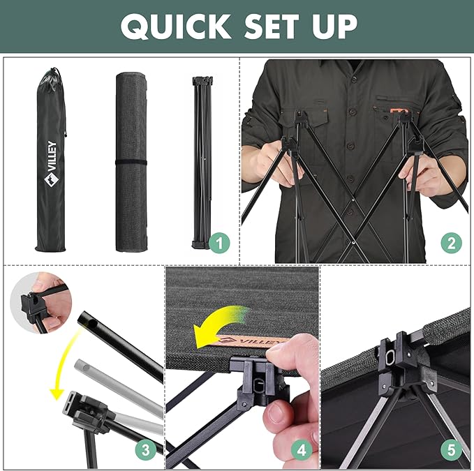 VILLEY Folding Camping Table with Carry Bag, Portable Lightweight Beach Table with Oxford Fabric and Reinforced Aluminum Panel for Outdoor, Camping, Picnic, Backyards, BBQ