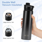 HASLE OUTFITTERS Insulated Water Bottle 22 oz Double Wall Stainless Steel Water Bottle Wide Mouth with Straw Lid & Spout Lid Keeps Cold or Hot(Black Gray Gradient,1)