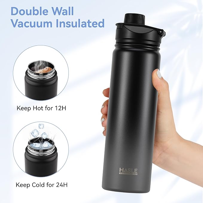 HASLE OUTFITTERS Insulated Water Bottle 22 oz Double Wall Stainless Steel Water Bottle Wide Mouth with Straw Lid & Spout Lid Keeps Cold or Hot(Black Gray Gradient,1)