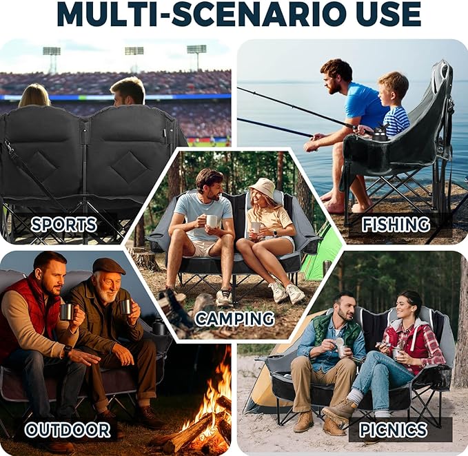 Double Camping Chair for Adults Oversized 2 Person Loveseat Chair for Heavy People, Folding Padded Outdoor Seat with Cup Holders & Carry Bag, 660 lbs Capacity, for Camping, Sports, Backyard