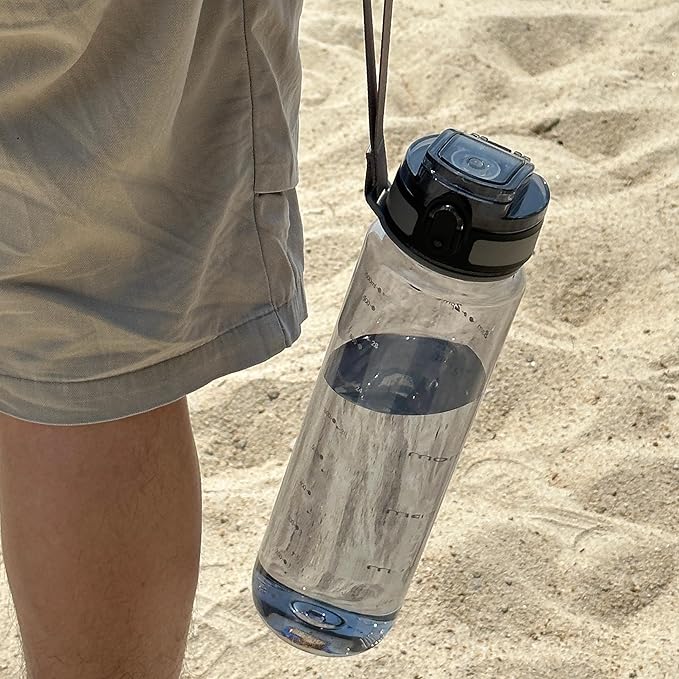 OLDLEY 32 oz Water Bottle, Motivational Water Bottle with Time Marker, Sports Water Bottle With Strap, Leakproof & BPA Free Large Water Bottles for School, Gym,Outdoor, Tritan, Transparent-Gray