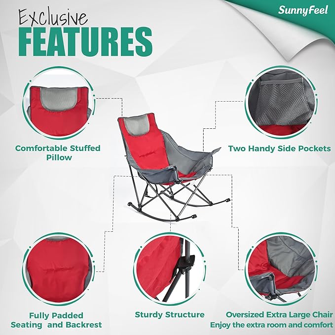 SUNNYFEEL Rocking Camping Chair 2 Pack, Outdoor Oversized Folding Lawn Chair with Pocket, Heavy Duty for Outdoor/Picnic/Lounge/Patio, Portable Camp Rocker Chairs with Carry Bag