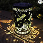 2 Pack Dragonfly Hanging Solar Lanterns Outdoor Waterproof,Black Metal Hollowed-Out Decorative Lanterns Solar Lights for Outside Yard Porch Tabletop Stairs Garden Decor