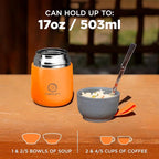 ENERGIFY Vacuum Insulated Food Jar. Large 17oz Bowl incl. Folding Spoon, Cup. Wide Mouth Keep Hot & Cold Drinks Soup Lunch Container for Adults. BPA-Free Stainless Steel, Leak Proof Orange