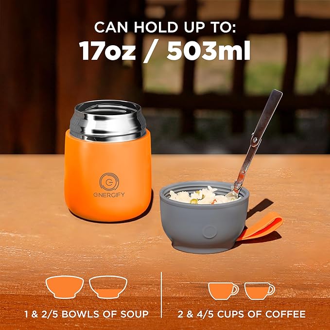 ENERGIFY Vacuum Insulated Food Jar. Large 17oz Bowl incl. Folding Spoon, Cup. Wide Mouth Keep Hot & Cold Drinks Soup Lunch Container for Adults. BPA-Free Stainless Steel, Leak Proof Orange