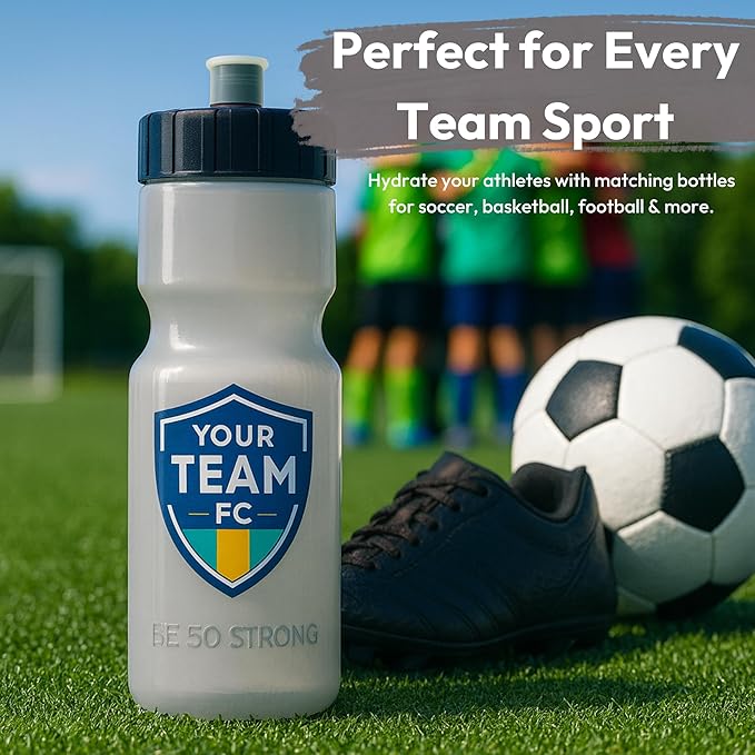 50 Strong Bulk Water Bottles | 24 Pack Sports Bottle | 22 oz. BPA-Free Easy Open with Pull Top Cap | Made in USA | Reusable Plastic Water Bottles for Adults & Kids | Top Rack Dishwasher Safe