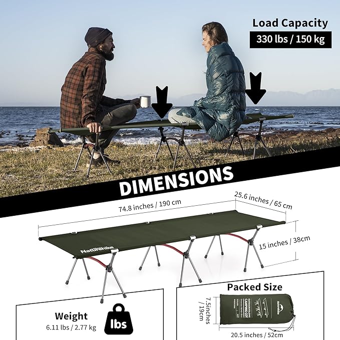 Naturehike ArmyWild Folding Camping Cot, Height Adjustable Ultralight Backpacking Cot, Portable Camping Bed for Camping Hiking Travel Home