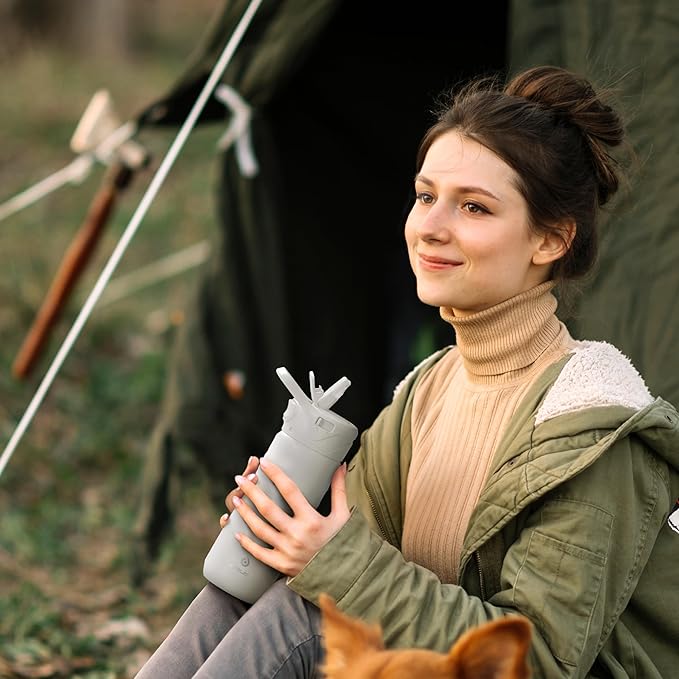 IDEUS Insulated Stainless Steel Water Bottle with 2 Leak-Proof Lids, Thermal Water Flask for Hiking Biking, 18oz, White