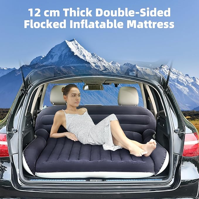 KMZ SUV Air Mattress with 2 Pillows – Thickened and Flocked Car Bed – Portable Travel Pad for Camping & Road Trips – Quick Inflate & Deflate with External Pump – Blue-Black and Cool Gray