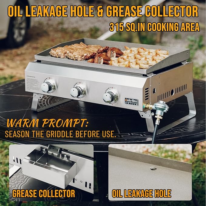 Tabletop Gas Griddle No Lid & Foldable Legs, 3-Burner BBQ Propane Flat Top Griddle, Portable Grill Stove for Outdoor Cooking Patio Party Camping Tailgating RV, Stainless Steel, GS311