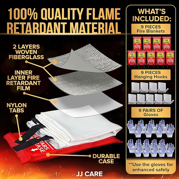JJ CARE Fire Blanket – 9 Packs with Hooks and Gloves – 40” x 40” Fire Blankets Emergency for Home and Kitchen, High Heat Resistant and Flame Protection for Kitchen, Car, Office, Camping & Home Safety