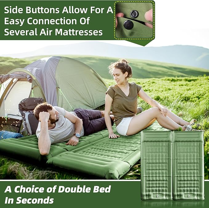 Sleeping Pad for Camping, 32.68 Inch Extra Wide Inflatable Camping Mat with Pillow and Built-in Foot Pump, Air Mattress 5.11 Inch Extra Thick for Tent (Army Green)