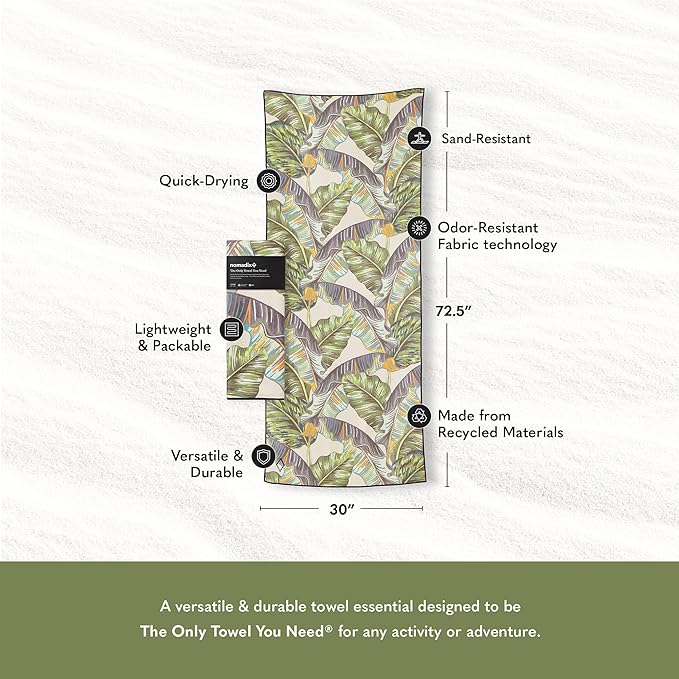 Nomadix Original Towel - Perfect for Beach, Pool, Travel, Camping, Yoga - Made with Recycled Materials - Super Absorbent - Sand Resistant - Banana Leaf Green - 72.5x30