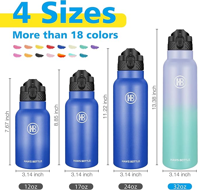 Han's Bottle Sports Water Bottle - 32 Oz, Straw Lid, Leak Proof, Vacuum Insulated Stainless Steel, Double Walled, Thermo Mug,Lilac green