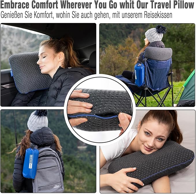 Travel & Camping Comfortable Memory Foam Pillow – Easy to Carry Portable Bag – Temperature Regulating Pillow Case - Perfect for Travelling (Grey)