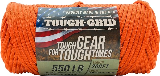 TOUGH-GRID 550 Paracord Rope Nylon Parachute Cord, Made in USA Survival Kit, Outdoor Adventures, Camping, Tactical Gear & Emergency Supplies, Military Type III Mil-Spec