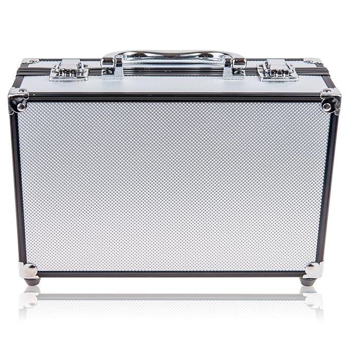 SHANY Carry All Make up Train Case with Pro Makeup Set, Beauty Brushes, Lipsticks, Eye Shadows, Blushes, Powders, and more - Reusable Cosmetics Storage Organizer - Premium Gift Packaging - Silver