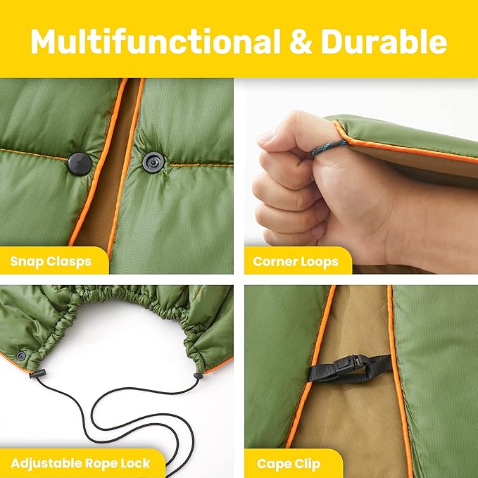 UNIKOME Outdoor Packable Camping Blanket, Lightweight Travel Blanket for Hiking, Camping, Dual-Sides Waterproof Puffy Down Alternative Camping Blanket with Snap Clasps, 75"×52", Army Green&Brown