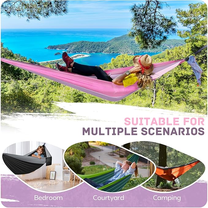 Camping Hammock Lightweight, Portable Hammocks Parachute Hammock with Two Tree Straps, Single or Double Travel Swing Nylon Camp Hammocks, Outdoor Essentials for Beach Backpacking Hiking, Orange