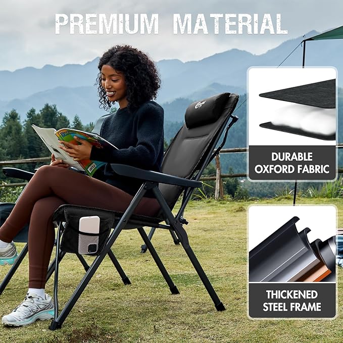 Portal Reclining Camping Chair with Adjustable Back Folding Camp Recliner for Adults Portable High Back Oversized, 400LBS (Black)