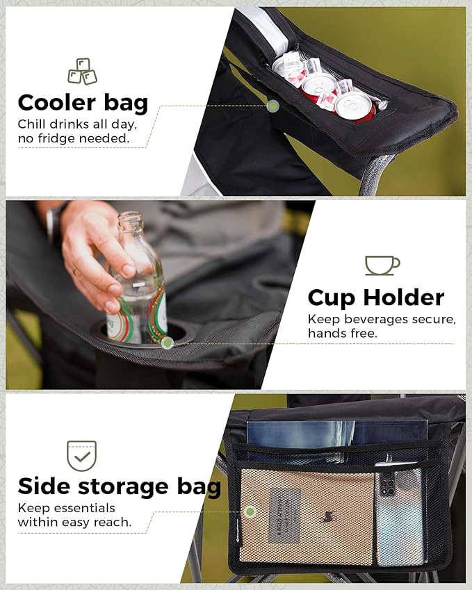 KingCamp Oversized Camping Folding Chair, Heavy Duty 450 LBS with Lumbar Support, Padded seat with Cup Holder&Cooler Bag, Ideal for Camp, Fishing, Sports Event, Backyard, Patio, Lawn