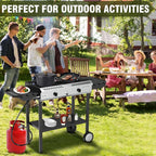 BESTFIRE 2 Burner Propane Gas Stove Outdoor Cooking Station – 150,000 BTU Double Cast Iron Burner with Auto Ignition, Regulator, Side Shelves & Wheels – Portable No-Windshield Design for Camping