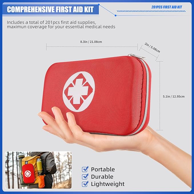 Mini Travel First Aid Kit, Emergency Kit with 201PCS First Aid Supplies and Waterproof Compact Bag, Survival Medical Kit for Home Car Office Camping Hiking