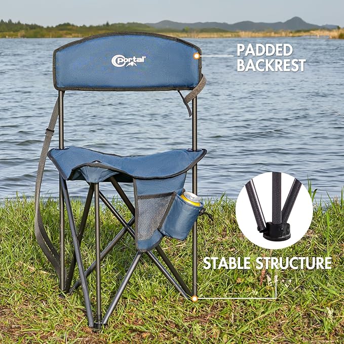 PORTAL Extra Large Quick Folding Tripod Stool with Backrest Fishing Camping Chair with Carry Strap