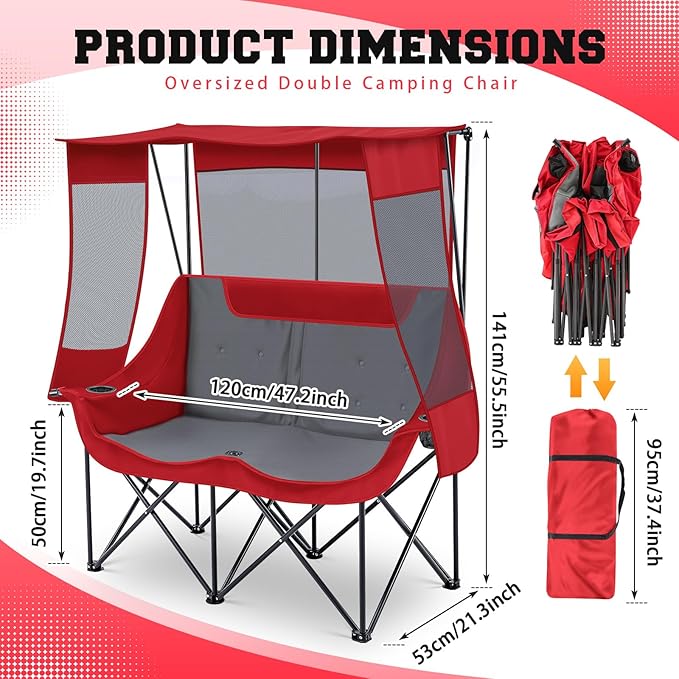 Double Camping Chair with Canopy Shade Oversized 2 Person Camping Sofa Fully Padded Folding Loveseat with Cup Hold and Storage Bag Sturdy for Lawn Beach Fall Outdoor Activities(Dark Red)