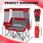 Double Camping Chair with Canopy Shade Oversized 2 Person Camping Sofa Fully Padded Folding Loveseat with Cup Hold and Storage Bag Sturdy for Lawn Beach Fall Outdoor Activities(Dark Red)