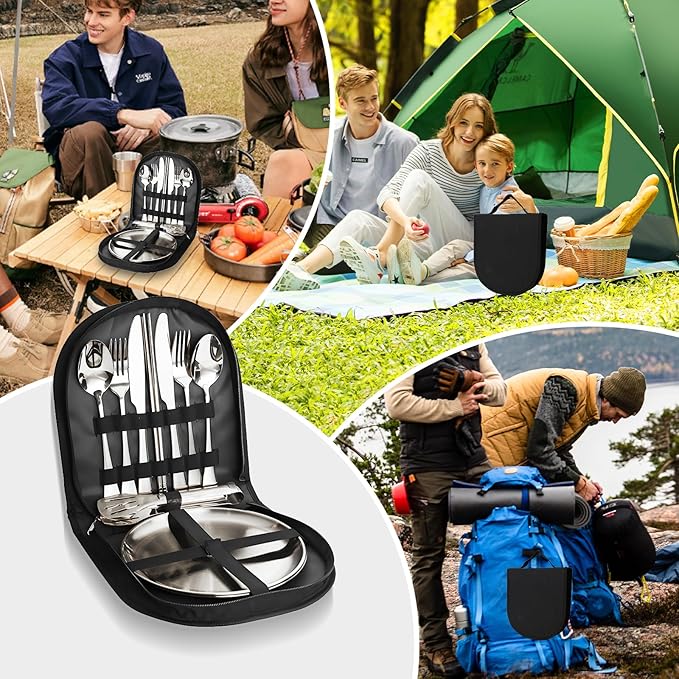 Camping Cutlery Set, 12-Piece Stainless Steel with Plates and Case, Portable Outdoor Dining Kit, Silver