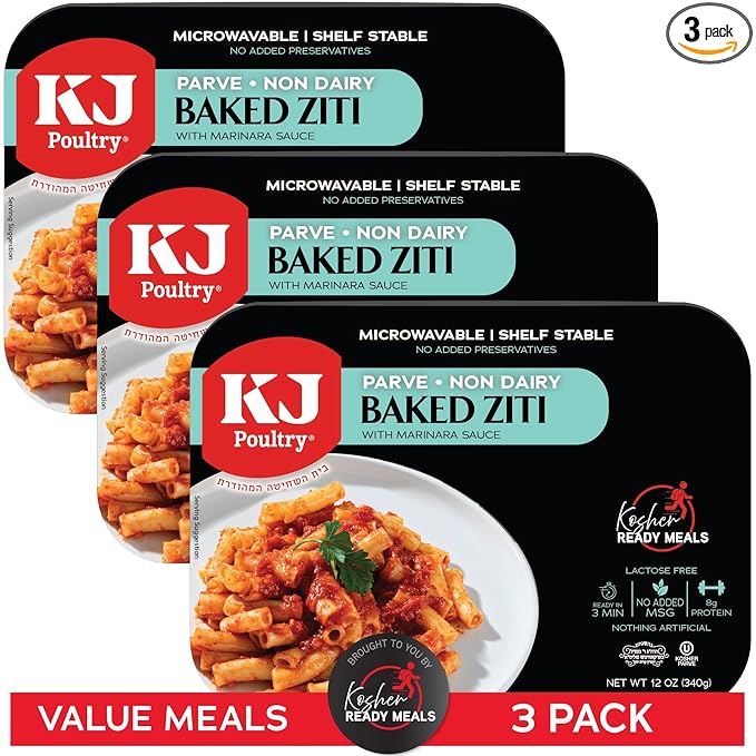 KJ Poultry Kosher Parve Ready Meals - Baked Ziti, MRE Meals Ready to Eat, Halal, (3 Pack) Prepared Entree Fully Cooked, Shelf Stable Microwave Dinner Travel, Military, Camping, Emergency Survival