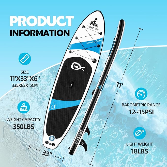 InnoExpo Inflatable Stand Up Paddle Boards with Premium Accessories, Wide Stable SUP Paddle Board Design, Non-Slip Comfort Deck for Youth & Adults