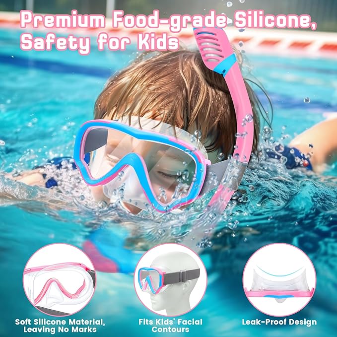 Vvinca Snorkeling Gear for Kids Dry Top Kids Snorkel Set for Boys Girls Junior Youth Children Age 4-14 Swim Goggles with Nose Cover Anti-Fog Panoramic View Adjustable Elastic Diving Mask and Snorkel